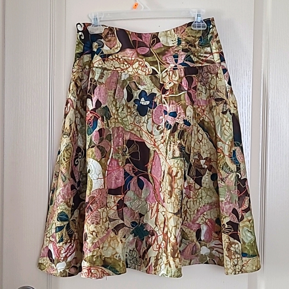 CHICO'S Spring Flowers Shia 100% Silk Skirt Floral Embroidered Midi Skirt Sz 1